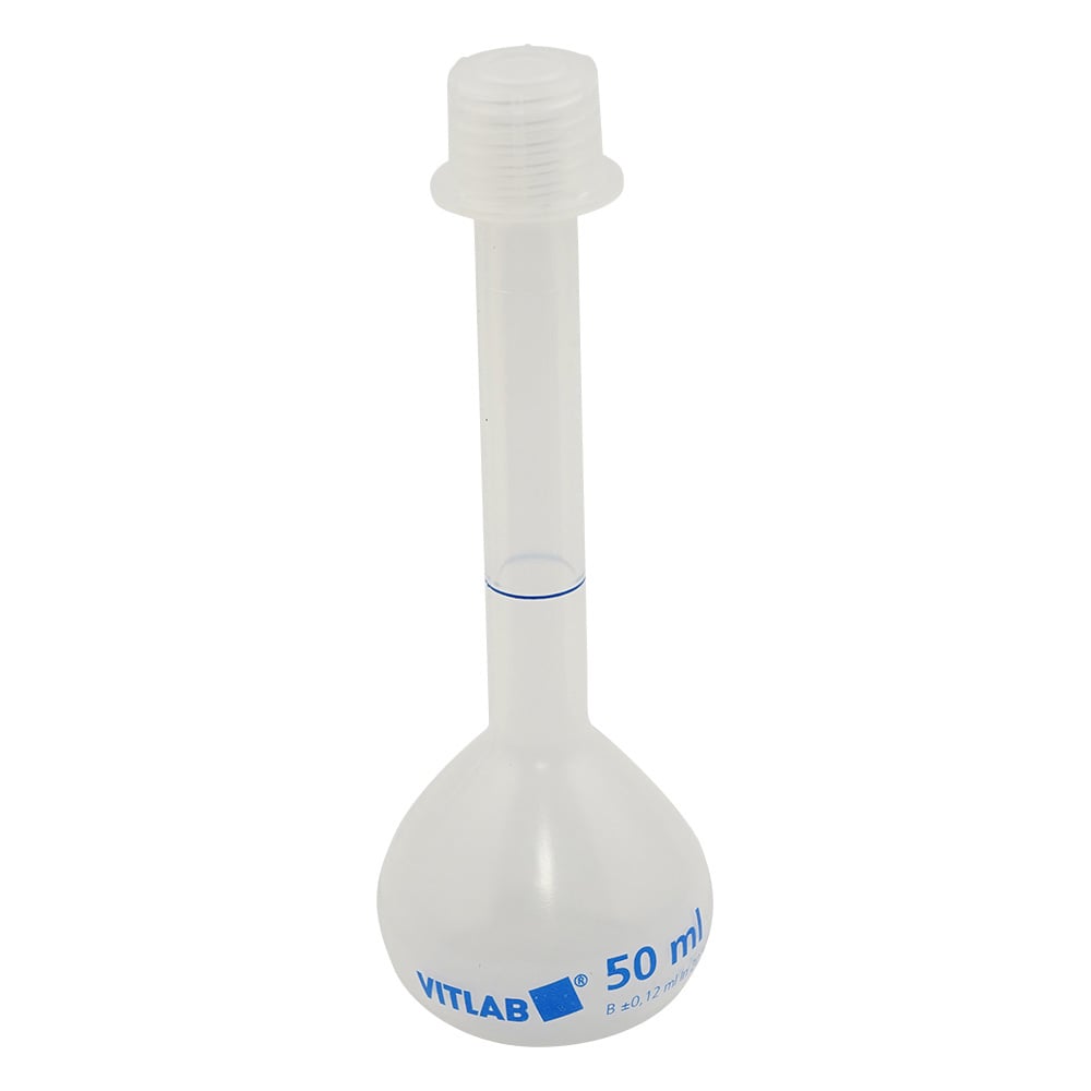 スクリューキャップ付PPメスフラスコ 50mL 英語版校正証明書付