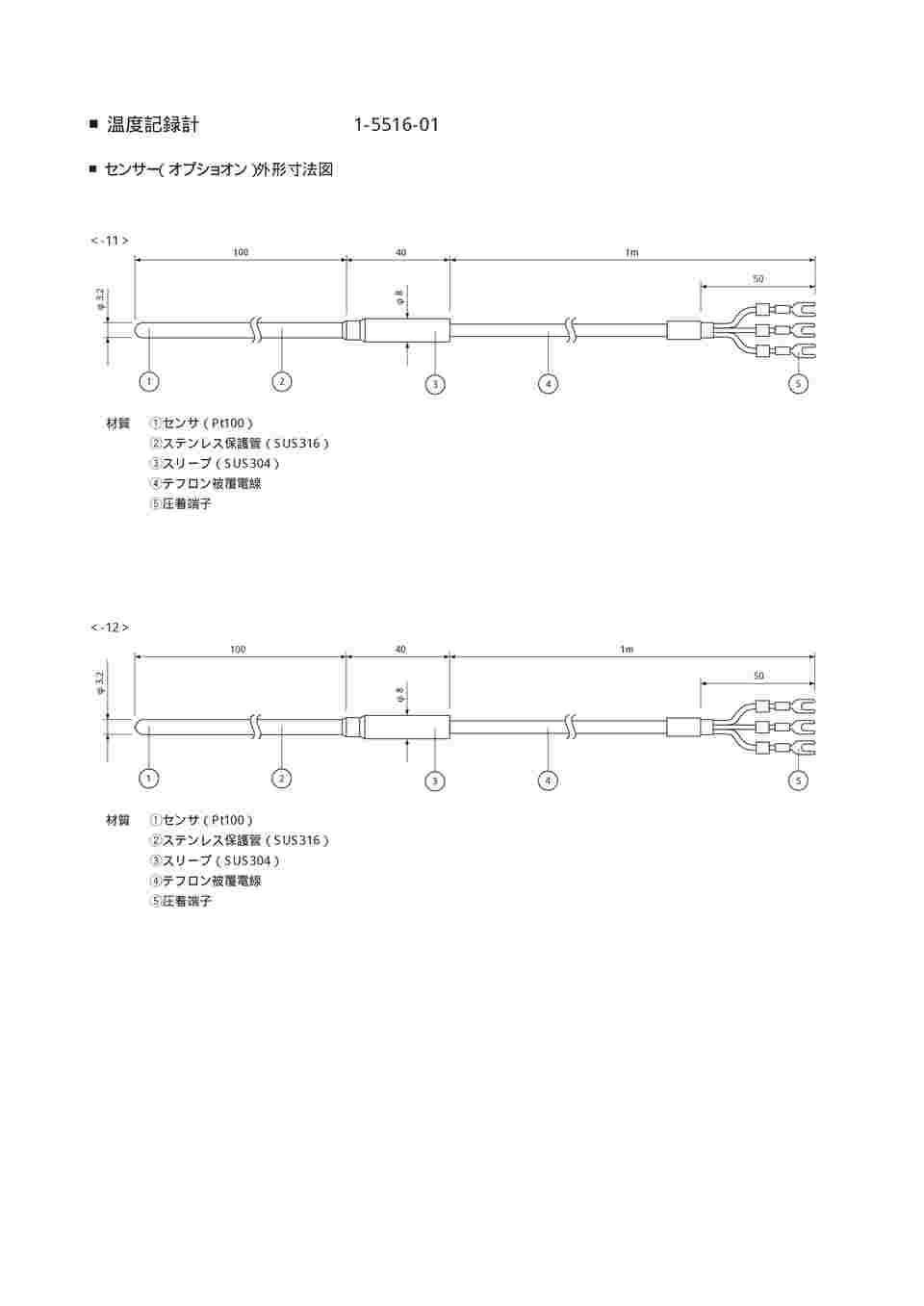 取扱を終了した商品です］温度記録計用温度センサ TR-8120-3.2-100-1M 