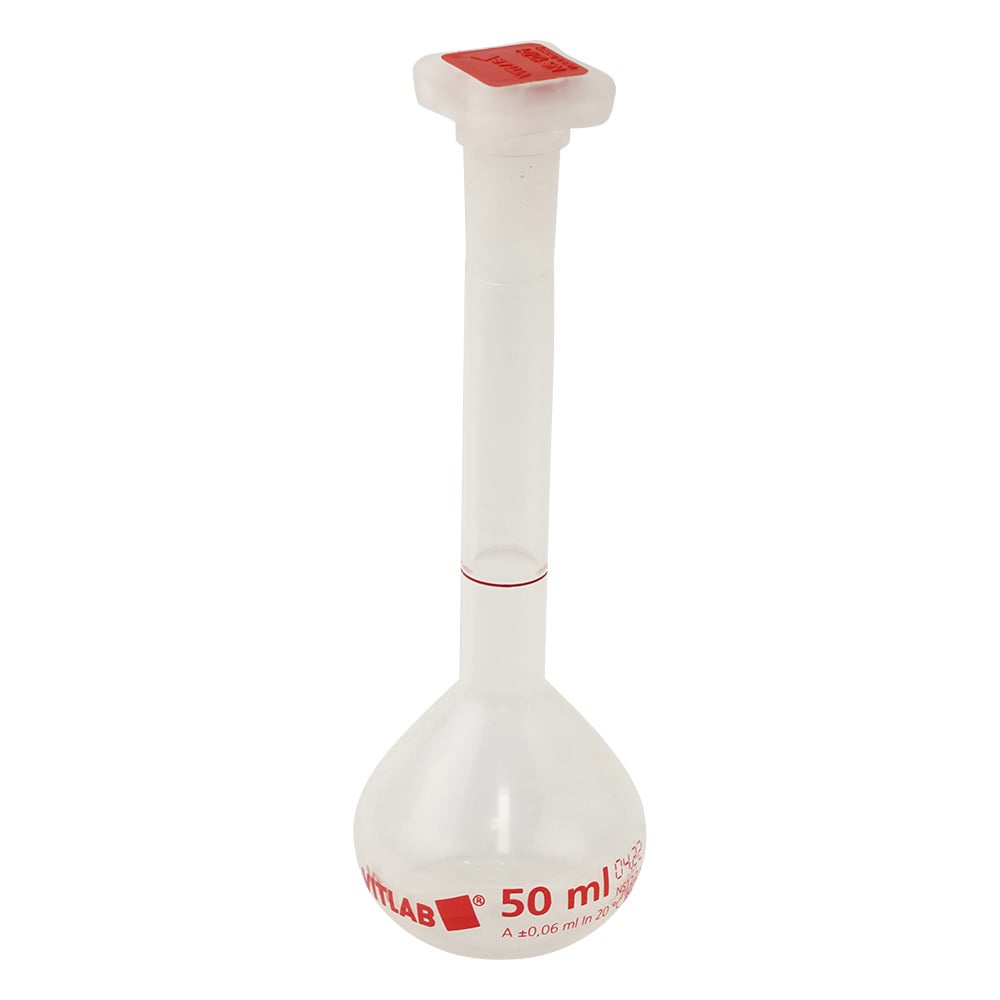 PMPメスフラスコ（PP栓付） クラスA 50mL 英語版校正証明書付