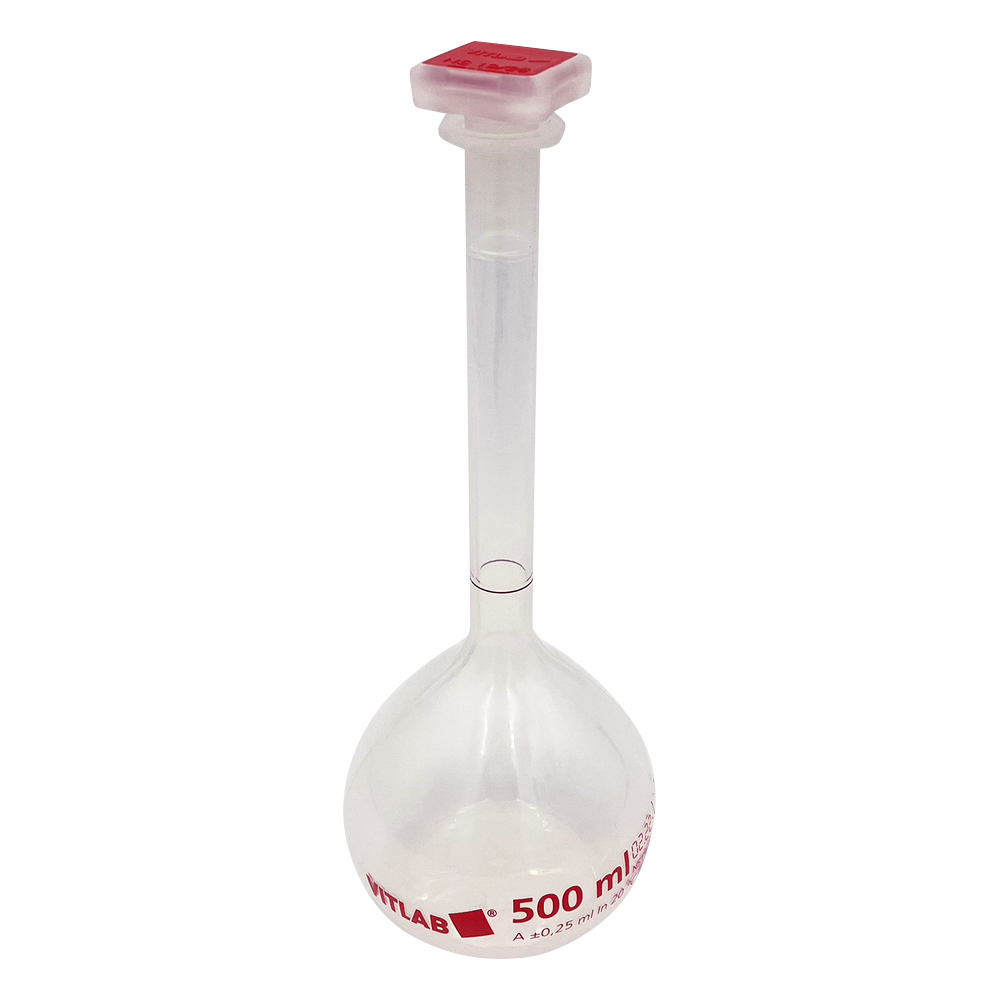 PMPメスフラスコ（PP栓付）クラスA 500mL 校正証明書付