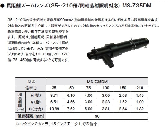 1-5965-26 デジタルマイクロスコープ 長距離ズームレンズ（35～210倍）同軸落射照明対応・WD90mm MS-Z35DM