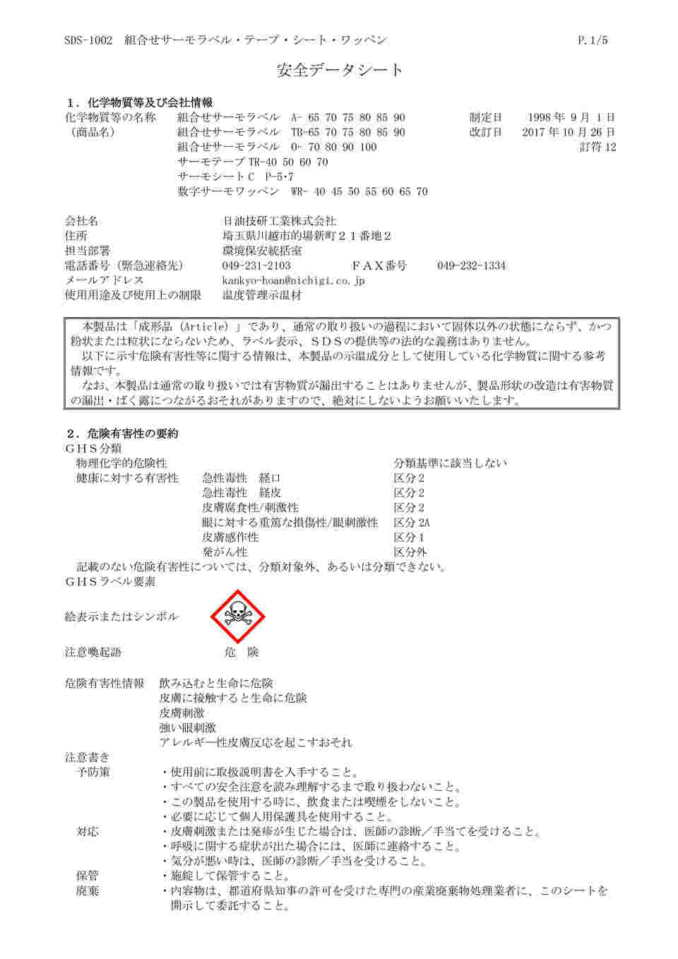 1-638-03 サーモテープ（R）TRシリーズ（可逆性） 1箱（25枚入） TR-60