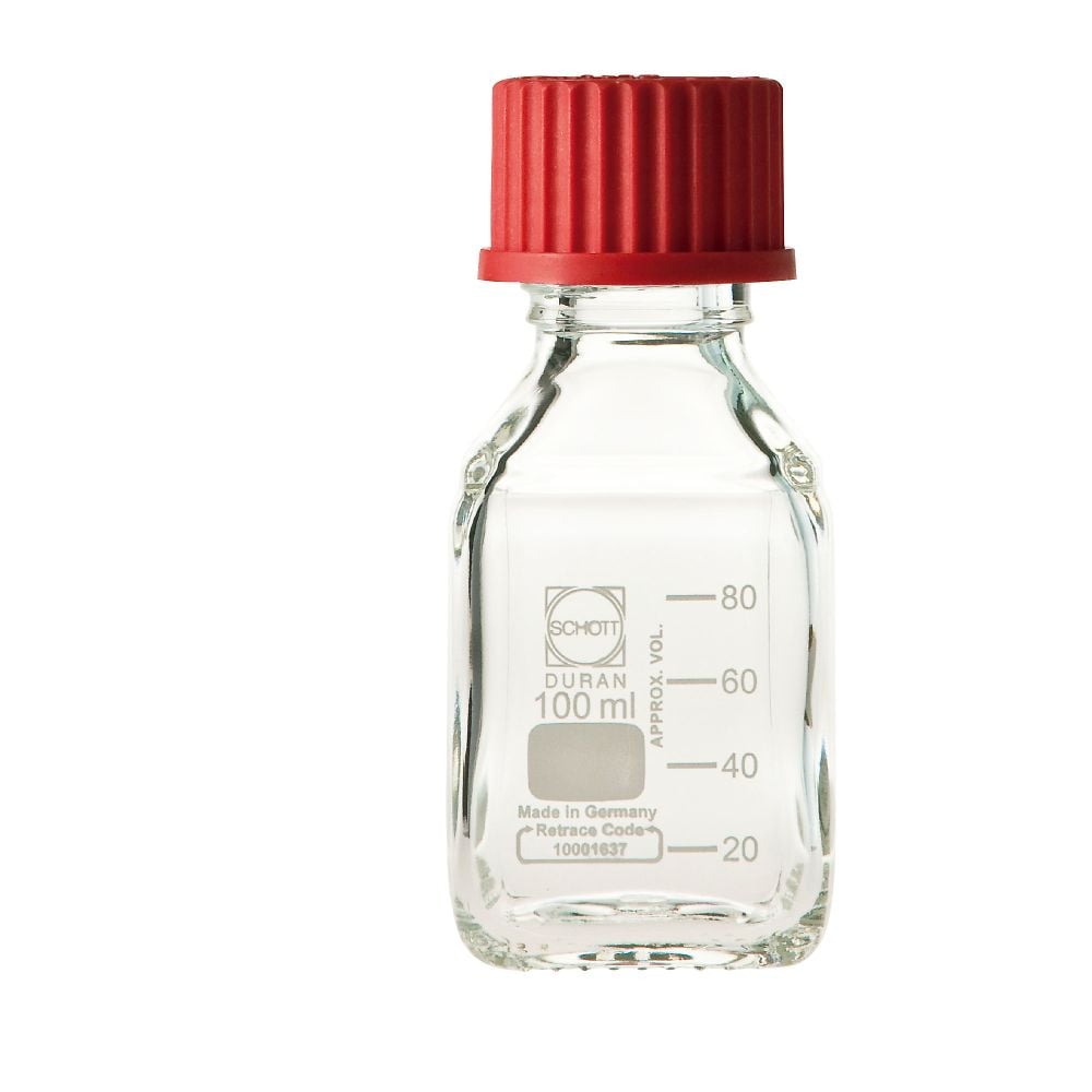 1-8870-13 ねじ口瓶角型 デュラン（R） 赤キャップ付 100mL 017230