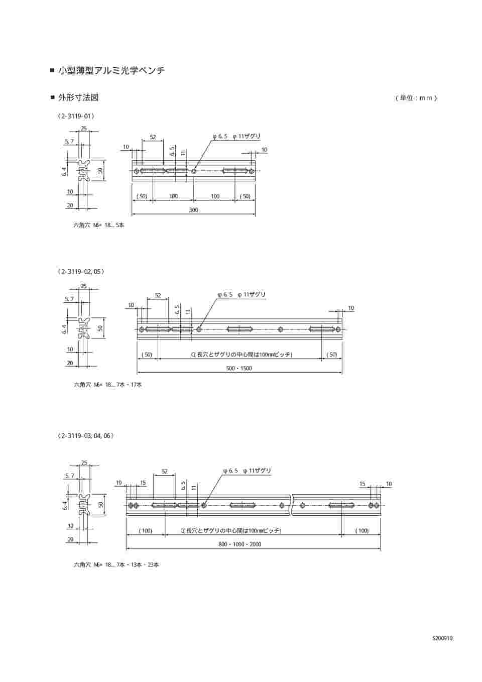 2-3119-05 小型薄型アルミ光学ベンチ 50×1500×25 OBT-1500SH 【AXEL