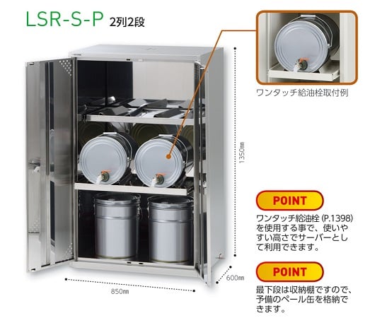 ラボサーバーラック（薬品保管庫・ペール缶用）　ステンレス製　2列2段　LSR-S-P
