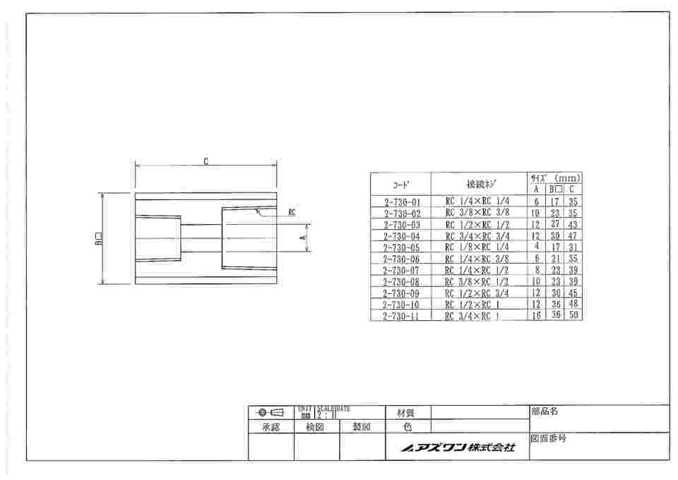 2-730-01 アズフロン(R)PTFEカップリング(ストレート) 同径 RC1/4×RC1