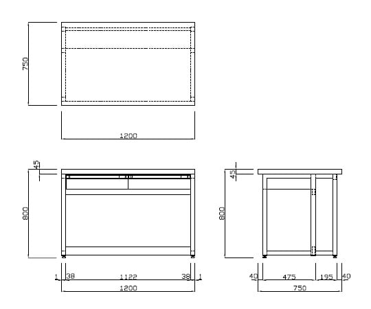 分析機器用作業台 (オープンタイプ・引出し付き) 1200×750×800mm　BDT-1275