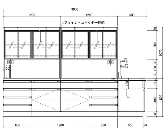 3-3871-03 中央実験台 木製ホワイトタイプ・ケコミ型・側面流し台・試薬棚付き 3000×1200×800／1870 SAN-3012EGW