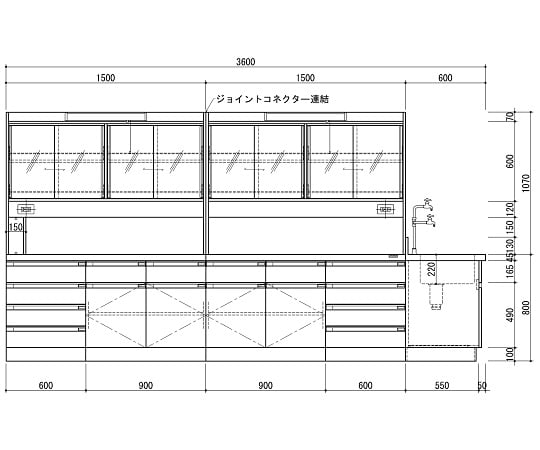 3-3871-04 中央実験台 木製ホワイトタイプ・ケコミ型・側面流し台・試薬棚付き 3600×1200×800／1870 SAN-3612EGW