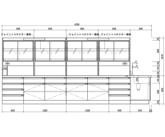3-3872-05 中央実験台 木製ホワイトタイプ・ケコミ型・側面流し台・試薬棚付き 4200×1500×800／1870 SAN-4215EGW