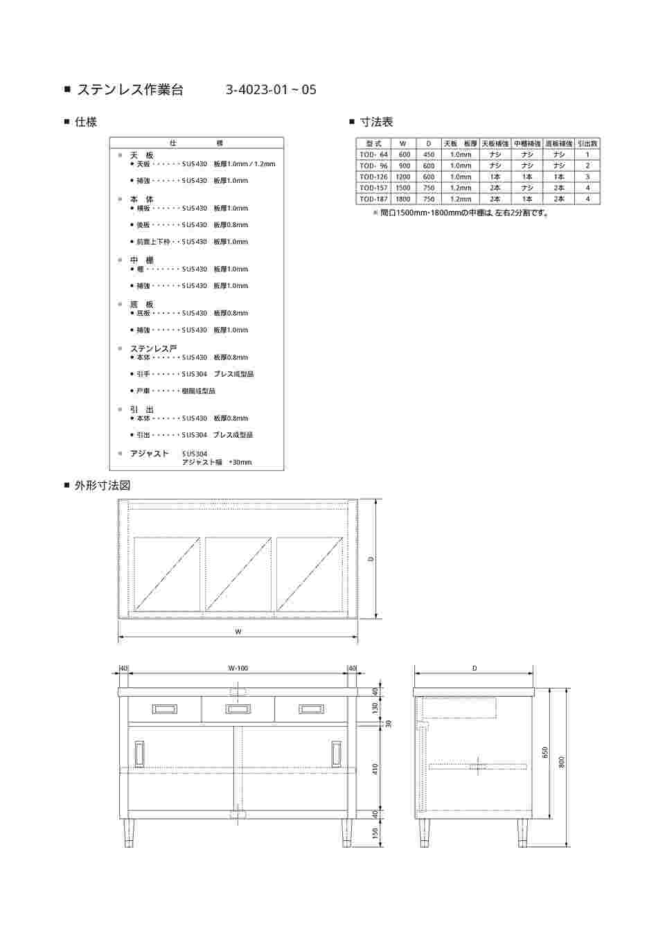 3-4023-02 ステンレス作業台（SUS430・引出付） 900×600×800mm ED-9060