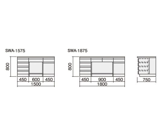 サイド実験台 (木製タイプ) 1500×750×800 mm　SWA-1575