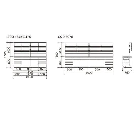 3-4321-13 サイド実験台 (木製タイプ) 3000×750×800/1800 mm SQO-3075