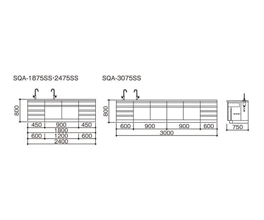 3-4342-12 サイド実験台 (木製タイプ・スポットシンク付き) 2400×750