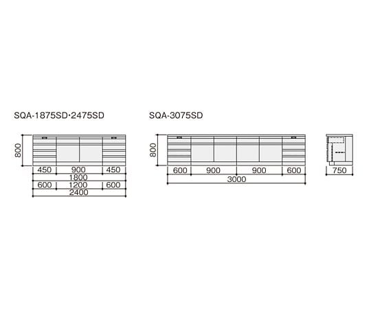 3-4345-11 サイド実験台 (木製タイプ・スライド棚付き) 1800×750×800
