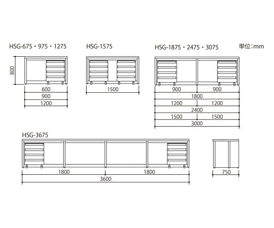 3-4465-13 サイド実験台 (フレ-ムタイプ) 1200×750×800 mm HSG-1275