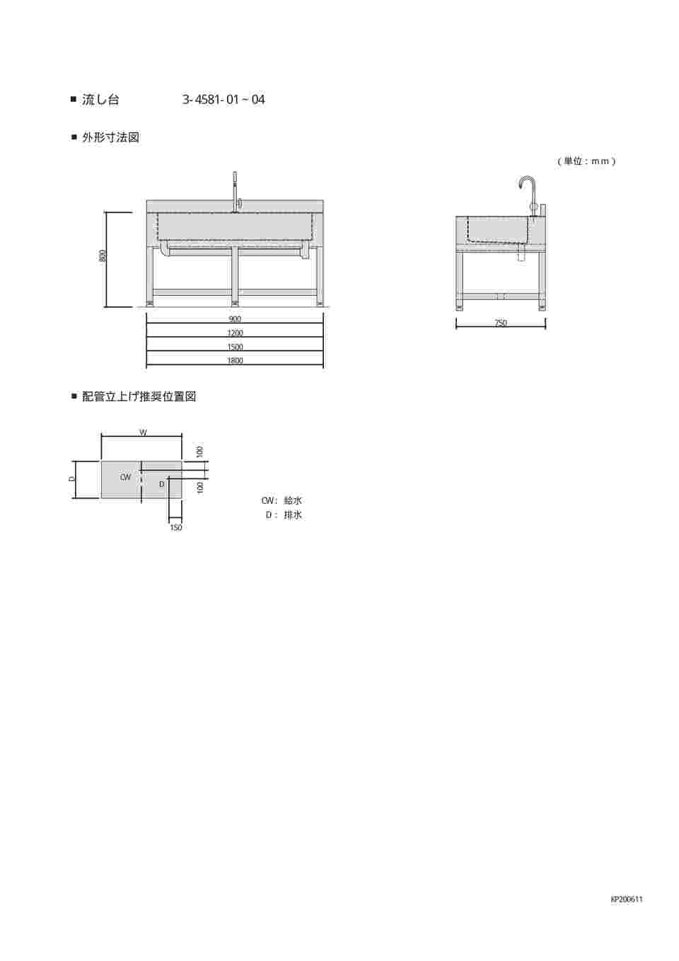 3-4581-01 流し台 ９００×７５０×８００mm PVA-900 【AXEL】 アズワン