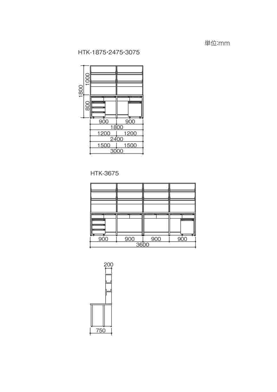 3-5836-22 サイド実験台 (フレームタイプ) 2400×750×800/1800 mm HTK