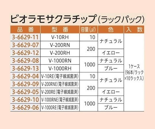 3-6629-04 ビオラモサクラチップ(ラックパック) 10μL ナチュラル (滅菌済) V-10RE