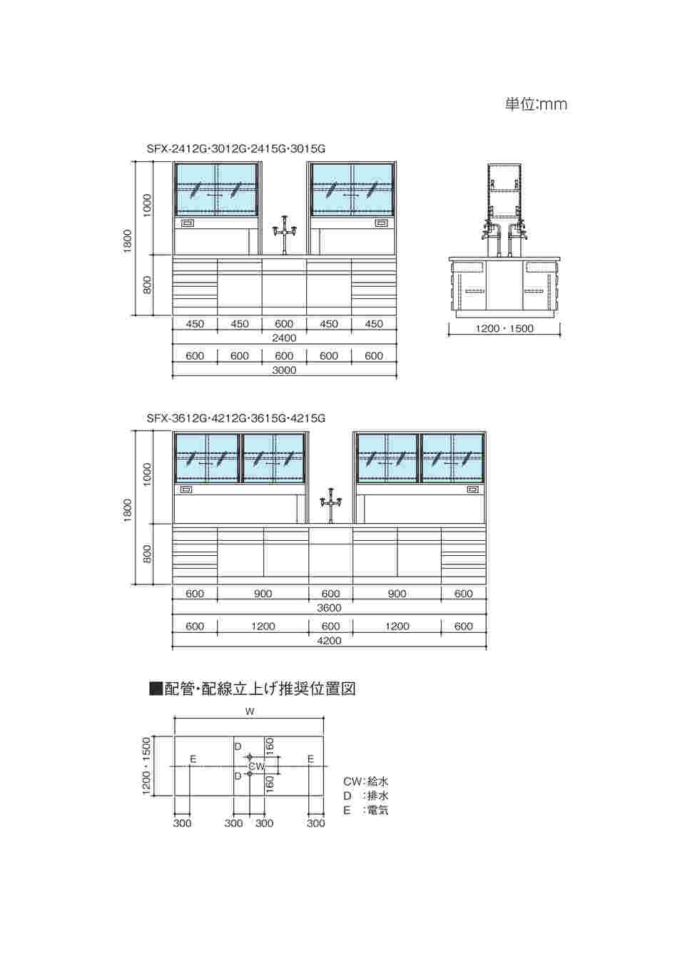 3-7791-01 中央実験台 (木製タイプ) ガラス戸付 2400×1200×800/1800 mm