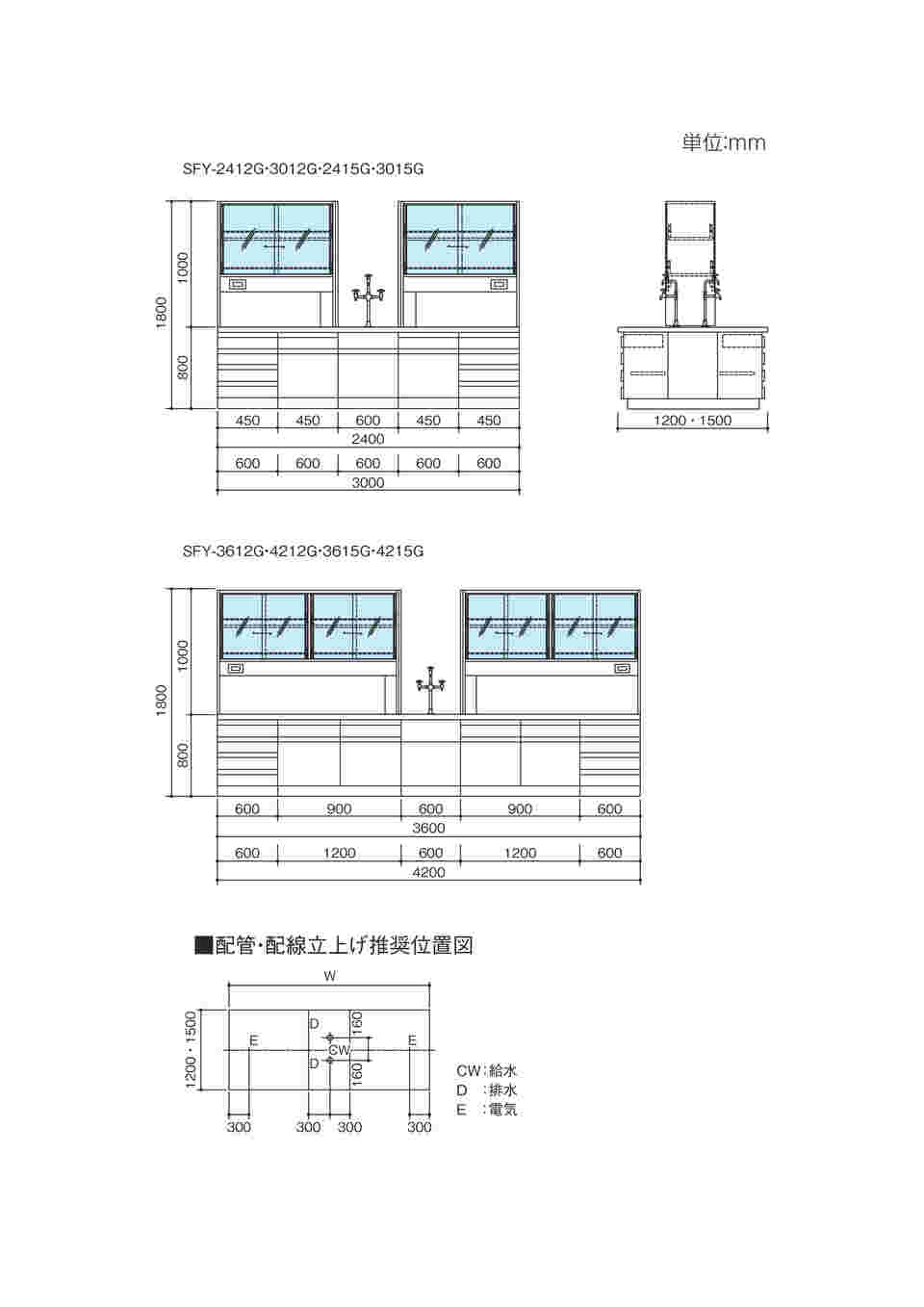 3-7942-01 中央実験台 (木製タイプ) ガラス戸付 2400×1200×800/1800 mm