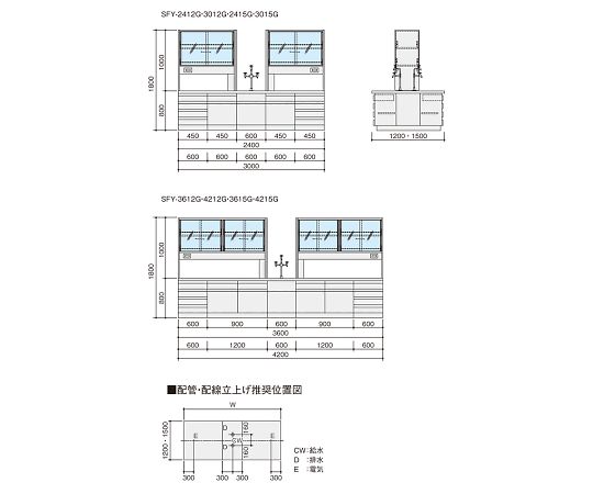 3-7942-01 中央実験台 (木製タイプ) ガラス戸付 2400×1200×800/1800 mm