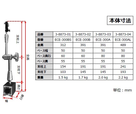 3-8873-03 油圧式ユニバーサルマグネットスタンド 336mm 100kgf ECE