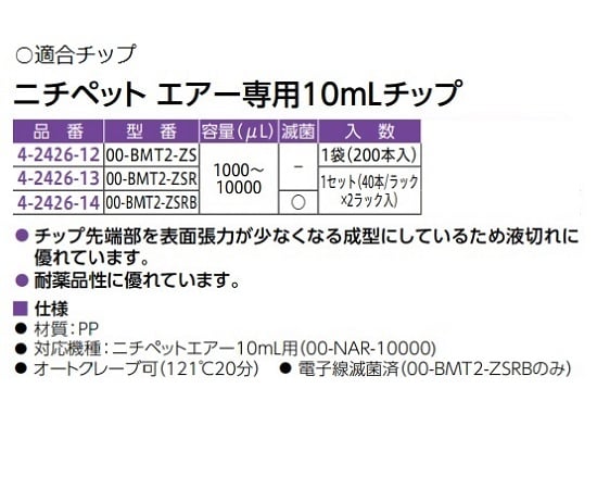 ニチリョー4-2426-08　ニチペット（エアー・容量可変タイプ）　1000～10000uL　オレンジ 00-NAR-10000