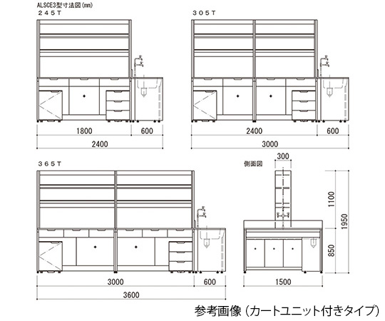 4-3398-03 中央実験台（スチールタイプ/流し台＋試薬棚付き） 3600