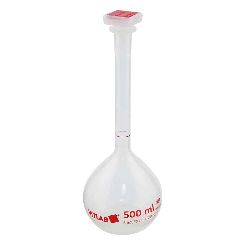 EMユーロPMPメスフラスコ（PP栓付） クラスB 500mL 英語版校正証明書付