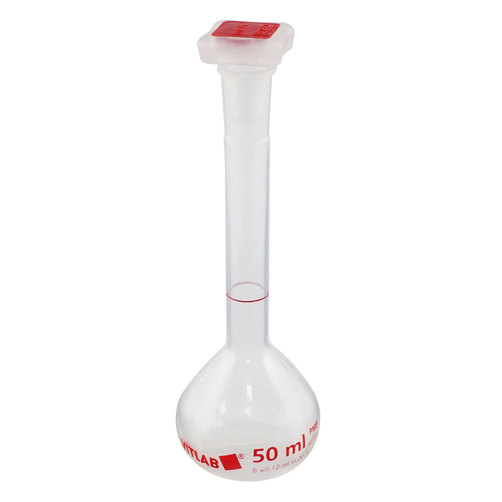 EMユーロPMPメスフラスコ（PP栓付）クラスB 50mL 校正証明書付
