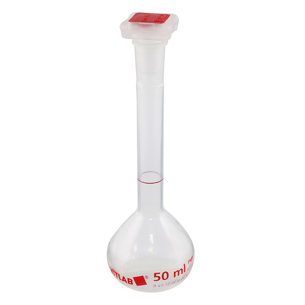 EMユーロPMPメスフラスコ（PP栓付） クラスB 50mL 英語版校正証明書付
