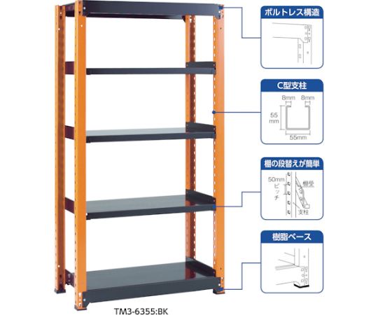 TM3型中量棚　900X721X1800　5段　単体　黒　TM3-6375 BK