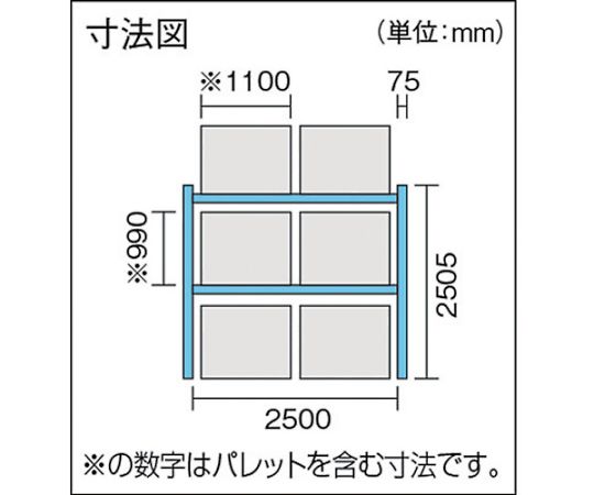 61-3057-74 重量パレットラック2トン2500×1000×H2500 2段 連結 2D