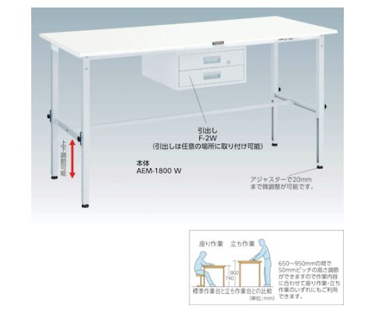 61-3067-52 AEM型高さ調整作業台 900X600 下棚2枚付 W色 AEM-0960LT2 W