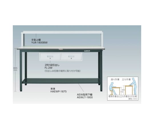 中荷重立作業台（500kg）HAEW型 1800X900XH885 2段引出付 ダークグレー色　HAEWS-1890F2