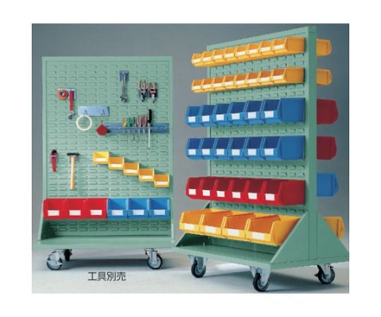 61-3115-14 パネルコンテナラック 両面式車輪付 小X64中X24大X18 緑 T