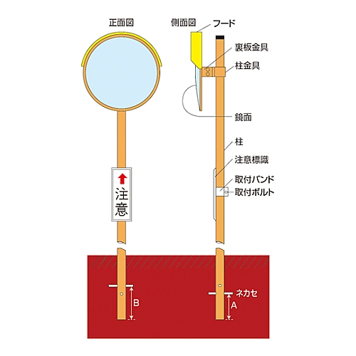 61-3440-24 カーブミラー（角型2面鏡） 角SW46 埋込用ポール付