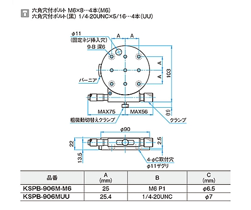 61-6977-87 θ軸粗微動ステージ-φ90、M6- サイズφ90mm KSPB-906M-M6