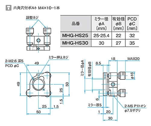61-6988-74 キネマティックミラーホルダー 適応素子サイズφ25mm・φ25.4mm MHG-HS25