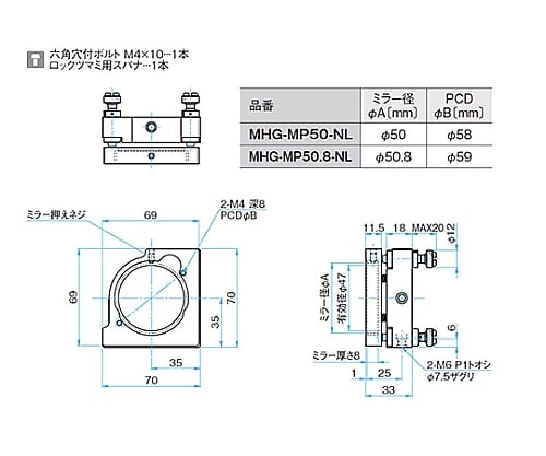 61-6988-82 NOMI LOCK(TM)キネマティックミラーホルダー 適応素子サイズφ50mm MHG-MP50-NL