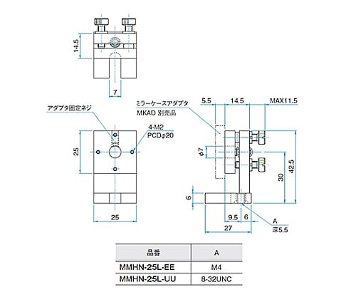 キネマティック式小型ミラーホルダー　MMHN-25L-EE