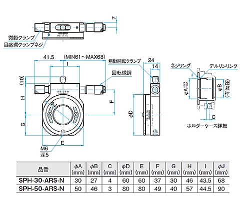 受注生産可能 偏光子ホルダー 適応素子サイズφ25.4mm PH-25.4-aRS-UU