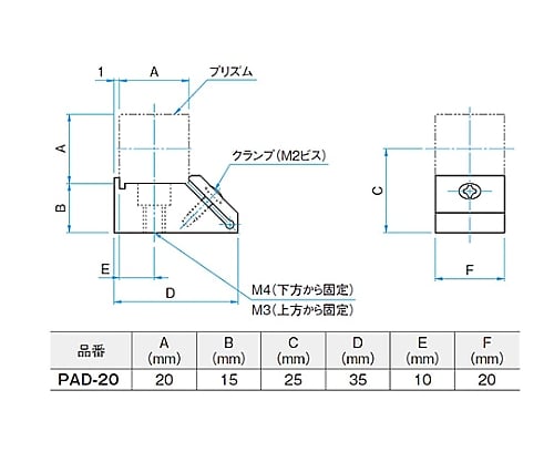 61-6997-64 コンパクトプリズムホルダー 適応素子サイズ□20mm PAD-20