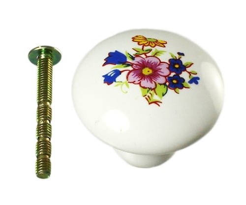 ツマミ 34mm ホワイト(花柄) 裏ビス止