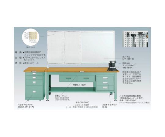 SDW型作業台 1800X900XH740 3段キャビネット付 SDW-1809UDC111｜アズ