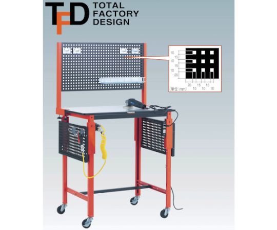 軽荷重作業台高さ調節式（80kg）TFAEM型 1200X600XH716～1016 φ75キャスター付 オレンジ色　TFAEM-1260C75