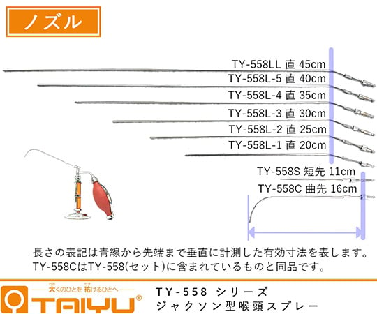 61-9230-17 ジャクソン型喉頭スプレー ノズル 直 有効寸法20cm 黄銅製 TY-558L-1