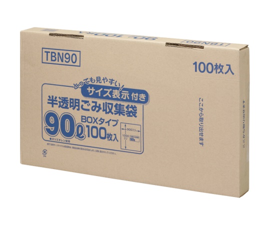 62-1052-21容量表示入ポリ袋90L100枚BOX HDmeta 白半透明 0.025mmTBN90