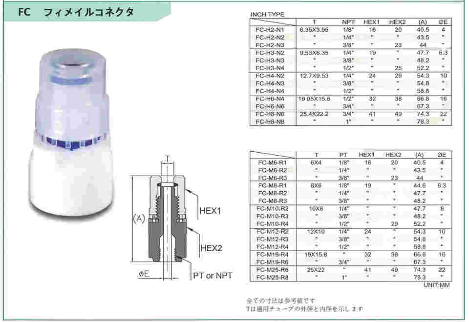 62-1057-08 フッ素樹脂 PFA 継手 フィメイルコネクタ FC-H8-N6 【AXEL